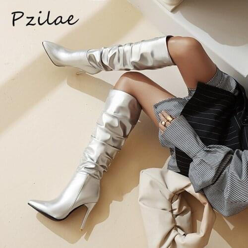 Pzilae Silver gold knee high boots women pleated pointed toe thin high heels dres party shoes autumn winter long boots woman
