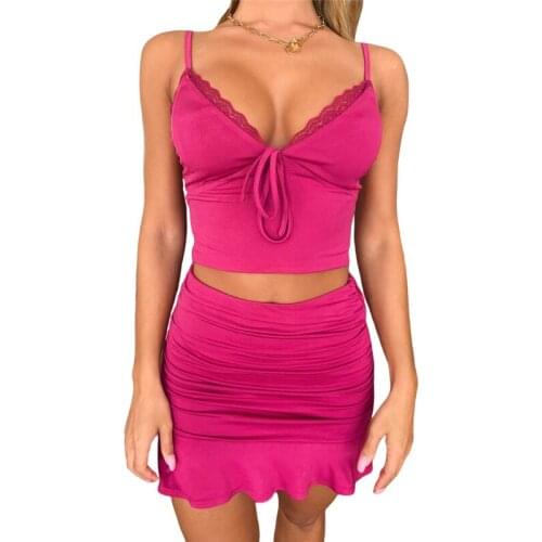 2020 Womens Sleeveless V Neck Sling Cropped Tops Folds Ruffle Mini Skirts Party Sling Solid Color Dress Set
