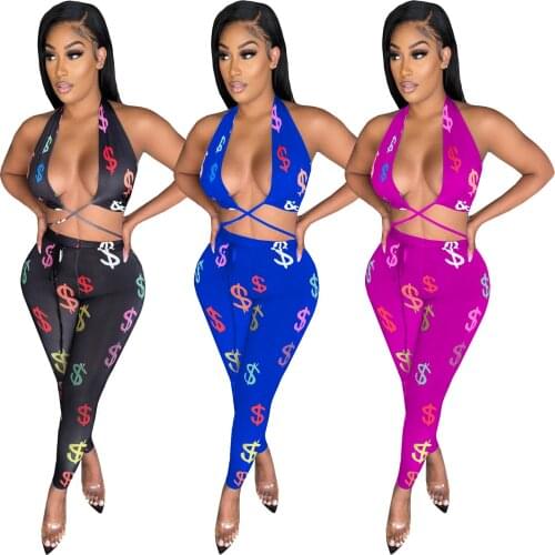 Sexy Us Dollar Pinted Club Outfit Backless Summer 2 Pieces Sets Women Sleeveless Bandage Halter Crop Top + Long Skinny Pants