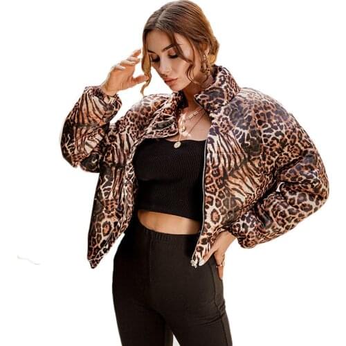Leopard Print Cotton Coat Women 2021 New Fashion Winter Outerwear High Neck Zipper Warm Loose Short Coat Female LR1330