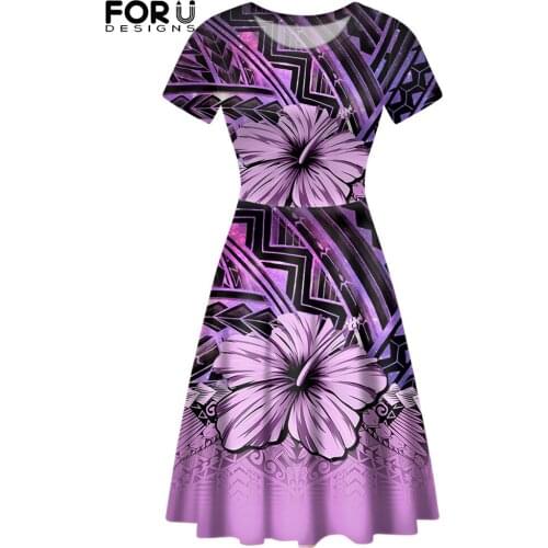 FORUSEDIGNS Polynesian Hibiscus Flower Summer Womens Short Sleeves Dress Casual O-Neck New Arrival Female Skirt Vestidos Ropa