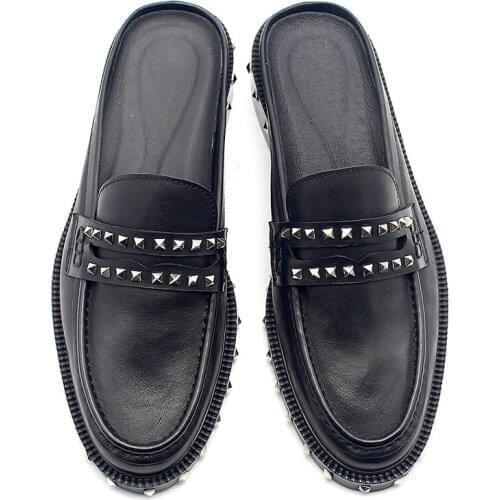 2020 Classics Black Rivet Punk Sandals Men Slip On Slippers Genuine Leather Loafers British Summer Dress Italian Shoes Mocassin