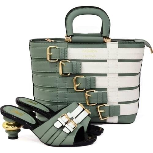 2021 High Quality Mature Style African Women Shoes and Bag Set in White Green Color with Shinnin Crystal for Wedding Party