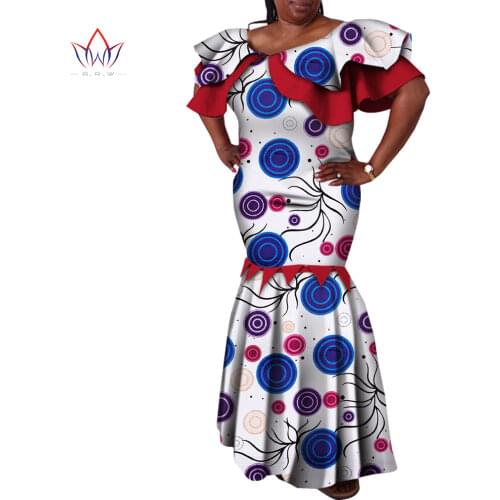 African Bazin Riche Dresses for Woman 2021 African Clothing Wax Print Mermaid Angle-length Party Dresses Dashiki Clothes WY2452