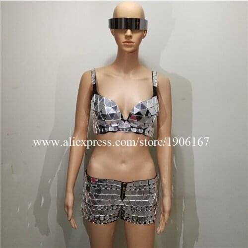 Ballroom Sexy lady Shiny Sequined Bra Short Nightclub Party Sexy Evening Mirror Outfit Stage Performance DJ Dancer Clothes