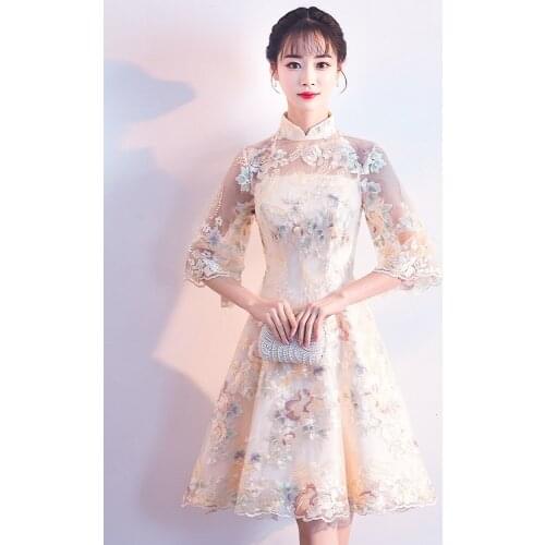 BGW High Neck Organza A Line Embroidery Graduation Dress Three Quarter Ruffle Sleeves Zipper Back Three Colors