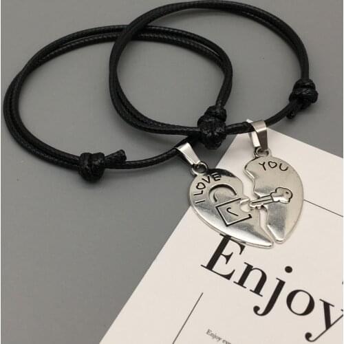 Couple Bracelet "love you" Lettering Love Key Lock Stitching Black Rope Adjustable Chain Pair Bracelets Gift for Lover Boyfriend