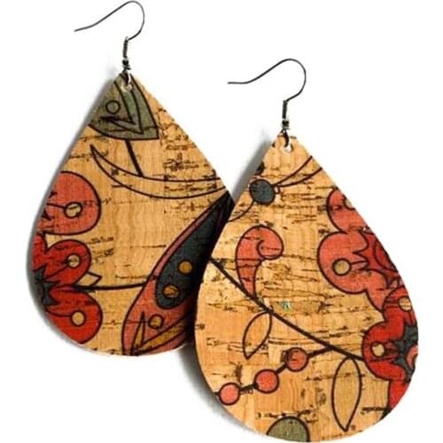 Floral Teardrop Cork Earrings Bulk Wholesale Faux Leather Gift For Women In Stock