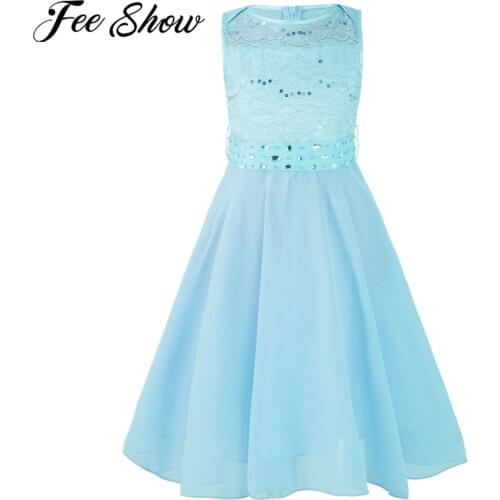 Kids Dresses Girls Sequined Lace Chiffon Sleeveless Flower Girl Dress Children Pageant Dress Princess Girls Wedding Party Dress