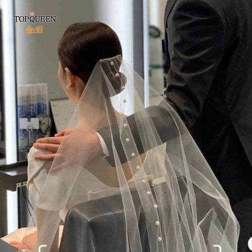 TOPQUEEN V64-D 90 CM Bride Veil Long Mantillas for Church Fingertip Veil with Pearl Wedding Accessories 1 layer Veil with Comb
