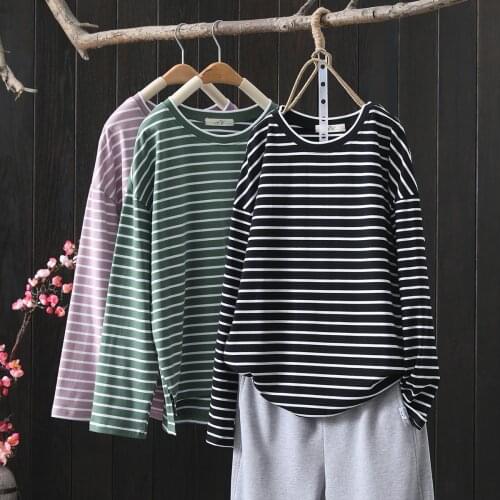 Stripe T-Shirt Long Sleeve Spring Loose Tops Casual All-Match O-Neck Bottoming Tee Shirt Femme Women Clothes 2021 Roupa Feminina