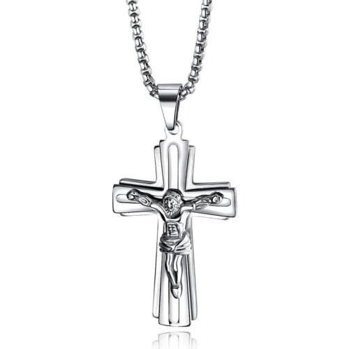 Classic Retro Jesus Cross Necklace Mens Stainless Steel Pendant Christian Believer Fashion Party Jewelry Gift