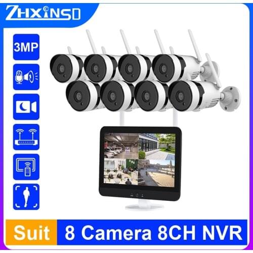 3MP Security Surveillance Camera Kit 13-inch Wireless Monitor NVR System Wifi Audio CCTV Camera Kit Outdoor Camera System