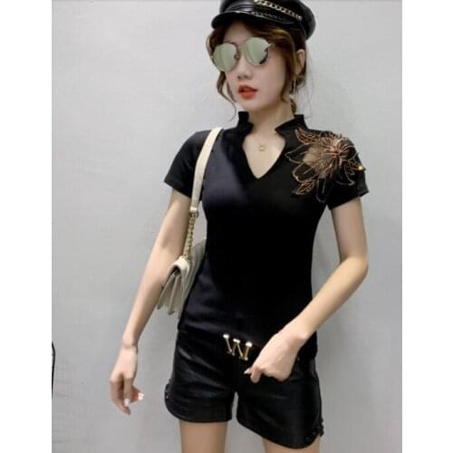 Summer Fashion T-shirt European Clothes Women Sexy Hollow Out Diamonds Tops Shirt Ropa Mujer Short Sleeve Tees