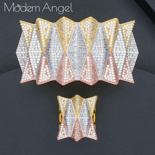 ModemAngel Luxury Hedgehog Three Tones Big Size Cuff Bracelet Bangle Finger Rings Full Cubic Zircon Copper Wedding Hand Jewelry