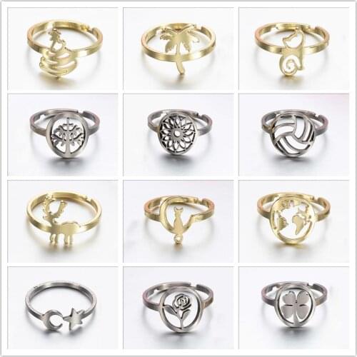 Fashion Minimalist Jewelry Ring Stainless Steel Star Moon Mandala Cat Volleyball Finger Rings for Women Girls Trendy 2021 Gifts
