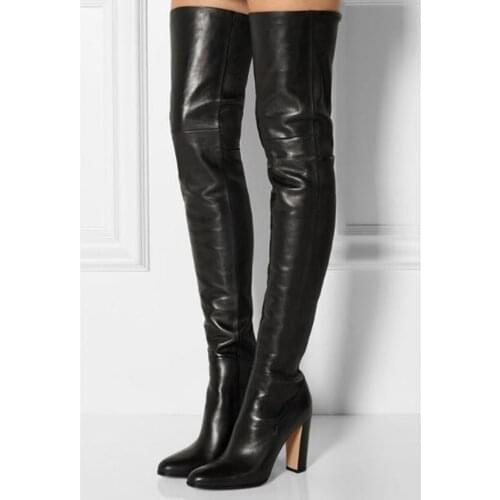 Fashion Black Leather Chunky Heel Long Boots Round Toe Stretch Over The Knee Boots Square Heels Dress Shoes Big Size 10