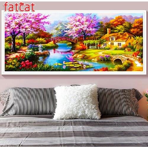 FATCAT Large Diy Diamond Painting Park cherry blossom Full square round drill 5d Diamond Embroidery Mosaic scenery house AE1595