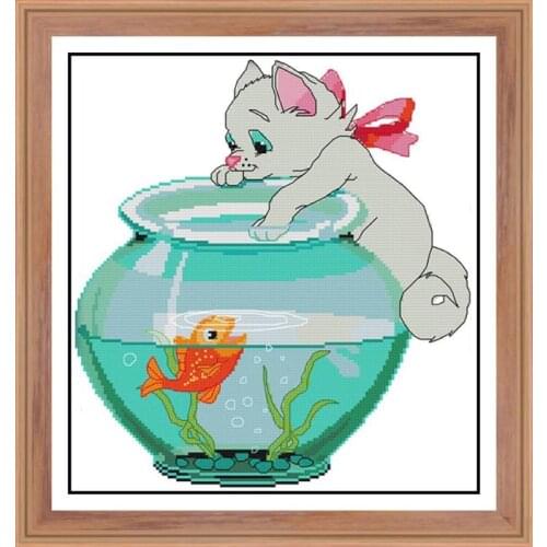 Kitten catch fish cross stitch kit 11CT 14CT printed cloth white cloth handmade needlework home embroidery decorative painting