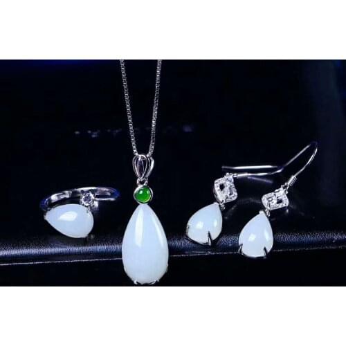 Hetian Baiyu Silver Inlay Set White Jade Drops Three-Piece Set h10