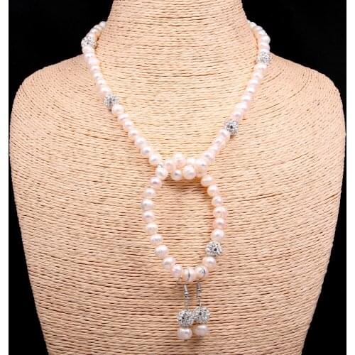 New Natural Pearl Jewelry Set Womens Fine Jewelry 8-9mm Freshwater Pearl Necklace Bracelet Earrings 3 Pieces Gift