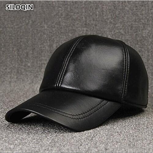 SILOQIN Adjustable Trend Mens Autumn Winter Leisure Sheepskin Baseball Caps Genuine Leather Hat Simple Solid Color Snapback Cap