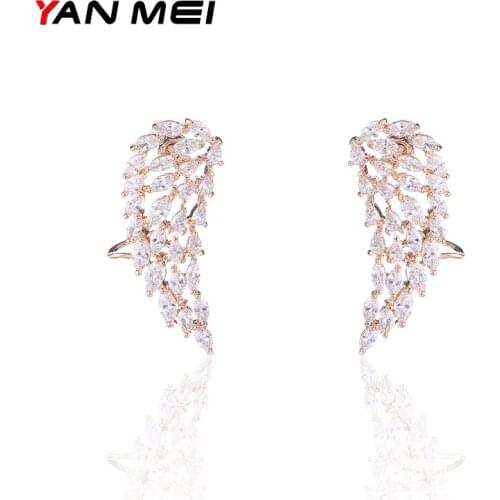 YAN MEI 2017 Feather White Gold Color AAA CZ Dangle Earrings Luxury Jewelry GLE7256Y