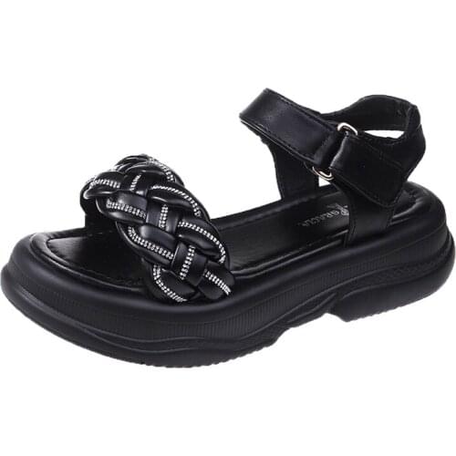 Summer 2021 Women Leather Weave Platform Wedges Thick Sole Black Beach Outdoor Slides Casual Sexy Sandals Ladies Shoes