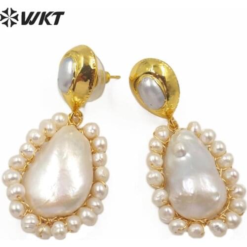 WT-MPE013 wholesale woman freshwater pearl earring Bohe style teardrop pearl with pearl beads earring gold trim stud earring