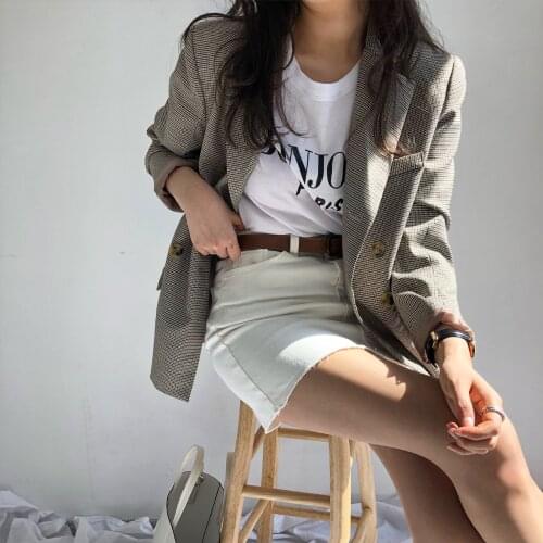 Plaid Blazer Women Double Breasted Pocket Houndstooth Blazer Autumn Jacket Female Outerwear Coats