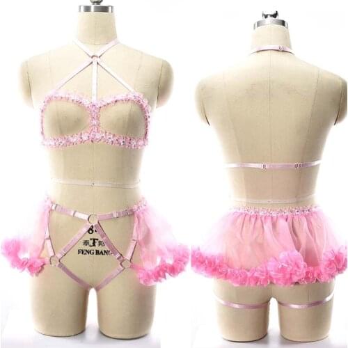 Women Pink Body Harness Bra Set Elastic Bra Out Strappy Garter Belt Punk Gothic Sexy Lingerie Bottom G String Dance Dres