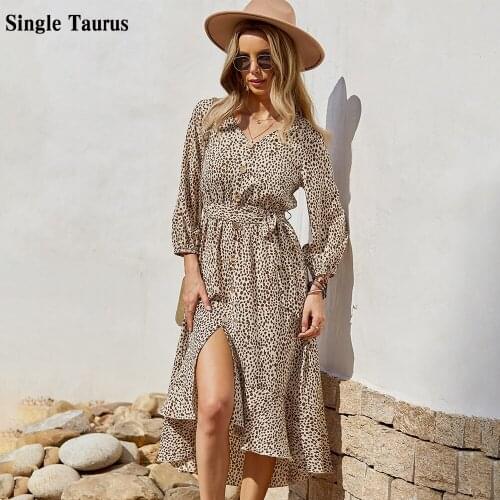 2021 Autumn Sashes Long Dress V Neck Button Casual Print Fashion High Street Vintage Elegant Split Fork Sexy Midi Dress Mujer