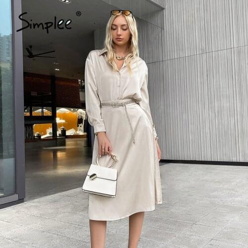 Simplee High street buttons apricot long dress sets women Ofiice long sleeves satin shirt dress sets Female lapel two-piece suit