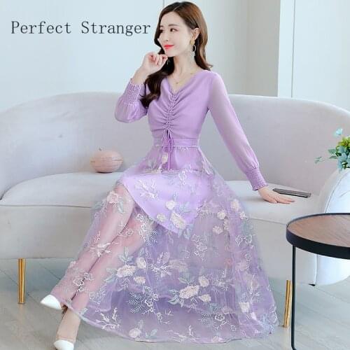 2020 Autumn New Arrival High Quality Elegant V Collar Long Sleeve Women Chiffon Long Dress