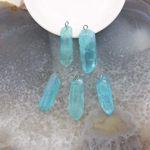 1pcs Sky Blue Titanium AB Quartz Stick Points Silvery Pendants Natural Healing Crystal Necklace DIY Jewelry Making Accessories