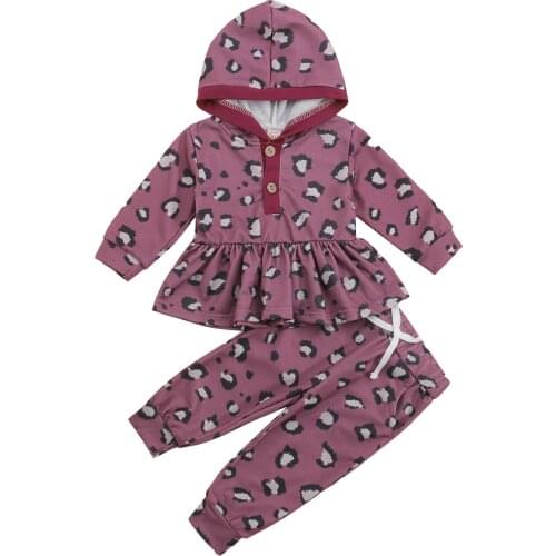 1-3Years Baby Girl 2Pcs Fall Outfits, Leopard Print Long Sleeve Button Front Ruffle Hoodie + Pants Set