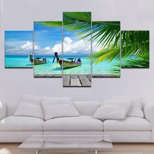 5 Pieces Canvas Prints Beach Blue Palm Trees Painting Wall Art Anime Home Decor Panels Poster Modular Pictures for Living Room