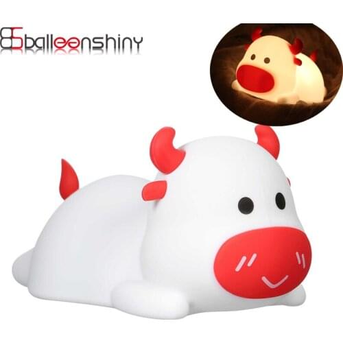 BalleenShiny Small Night Light Baby Cartoon Cow Silicone Lamp Cute LED Changing Sleep Light Colorful Portable Bedroom Lamp Gift