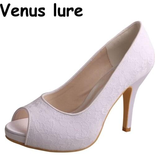 Embroidery White Shoes for Women Heels and Pumps Peep Toe