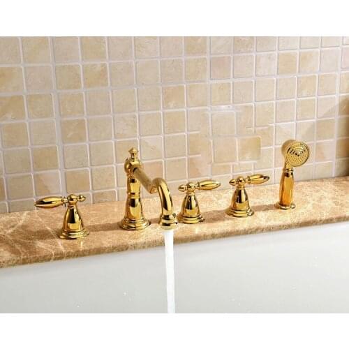 Free ship 5 pcs widespread Roman tub shower Faucet bathtub Mixer tap gold clour Deck mounted