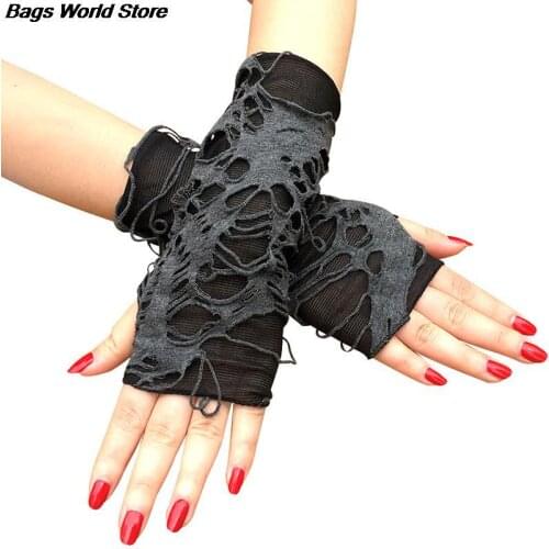 Black Ripped Holes Fingerless Gloves Gothic Punk Halloween Cosplay Party Dress Up Accessories 1 Pair Shabby-Style Arm Warm Cuff