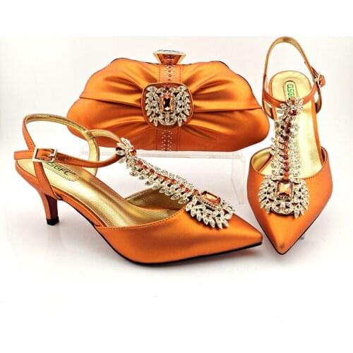 Doershow New Arrival African Wedding Shoes and Bag Set orange Italian Shoes with Matching Bags Nigerian Women party! HJU1-50