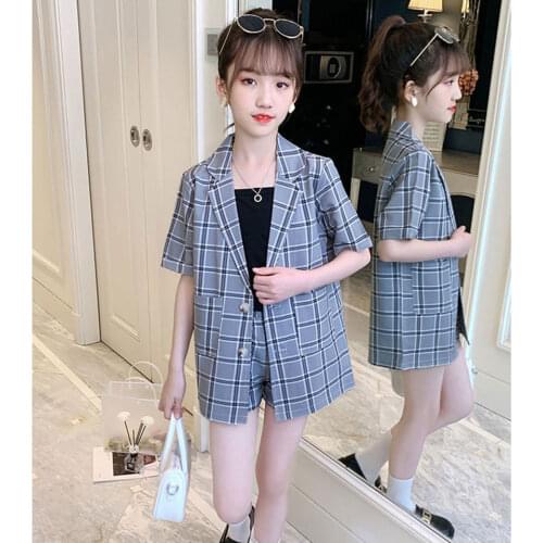 Summer Baby Girls Clothes Set Plaid Formal Suit Short Sleeve t-shirt+Shorts 3 Pcs/Set Children Clothing Outfits For 4 6 8 10 12