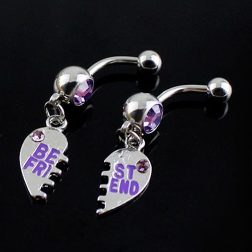 HOT SALE!!! 1 Pair Women Best Friend Heart Dangle Navel Belly Button Ring Body Piercing Sexy rhinestone dangle belly button ring