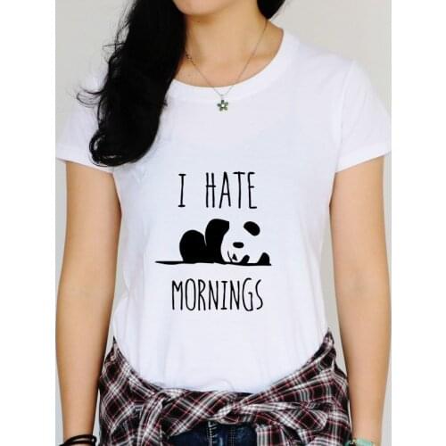 Kawaii Panda Print T-shirt Women I HATE MORNINGS Casual Cotton Funny T-Shirt Lady Gray Summer Harajuku Punk Hipster Tops Tee