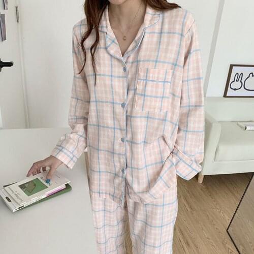 Cute Grid Girls Pajamas Set Womens Autumn Winter New Long Sleeve Leisure Sleepwear Women Loose Nightwear Homewear Clothes Suit