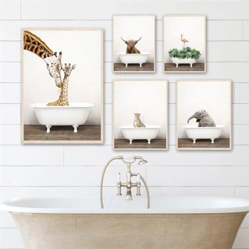 Bathroom Posters and Paintings Funny Animals Canvas Prints Tiger Hippo Yak Giraffe Wall Art Pictures for Shower Room Home Decor