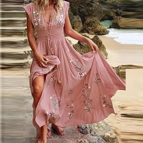 New V Neck Tassel Boho Long Dress Women Elegant Floral Print Maxi Party Dress Summer Sleeveless Loose Casual Beach Dress