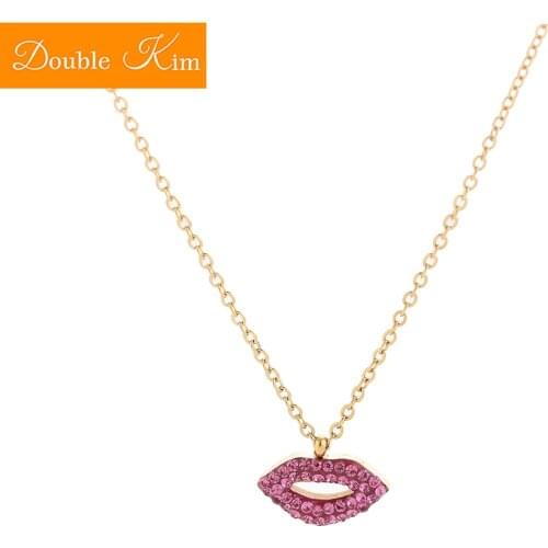 Red Lips Pearl Pendant Necklace Titanium Steel Chain Necklace Inlaid Natural Zircon Fashion Trendy Women Jewelry Birthday Gift