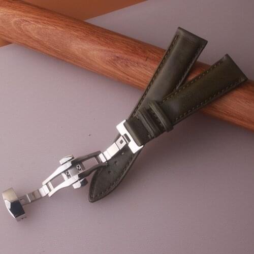 18MM 20MM Watchband Butterfly Silver Stainless Steel clasp Smooth Cowhide Leather Dark green Watch band strap Men women bracelet